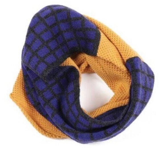 NEW Knit Planet Kids Grid Knit Merino Wool Plaid Snood Mustard/Indigo - Picture 2 of 4